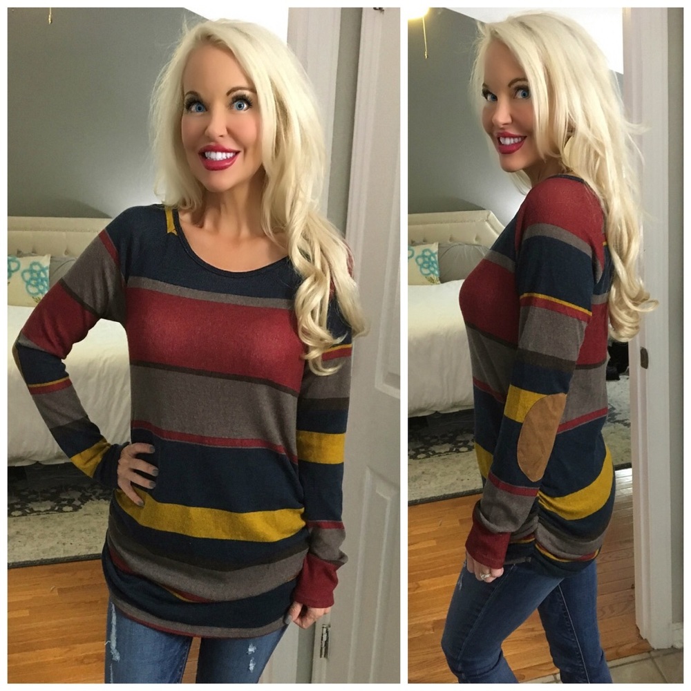 ❤️ LAST 1! Striped Ruche Side Elbow Patch Tunic! - Picture 3 of 7